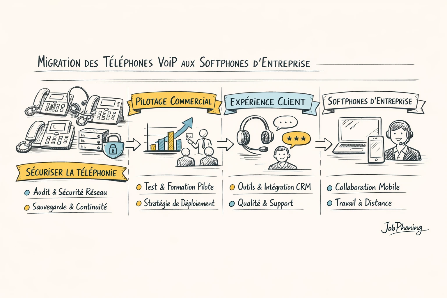 Schéma représentant une migration téléphonique VoIP vers softphone via blocs séquencés et flèches connectées.