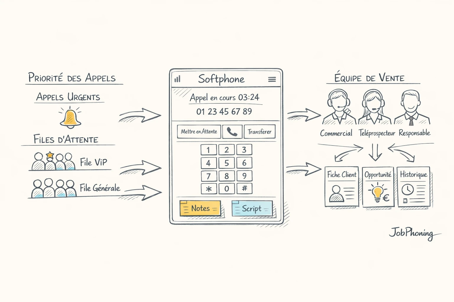 Schéma représentant un softphone central via hub circulaire connecté à listes, rôles, CRM et tableaux