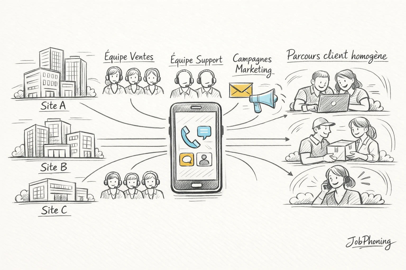 Schéma représentant l’orchestration multi-site d’un softphone via hub central, sites régionaux et flux d’appels connectés.