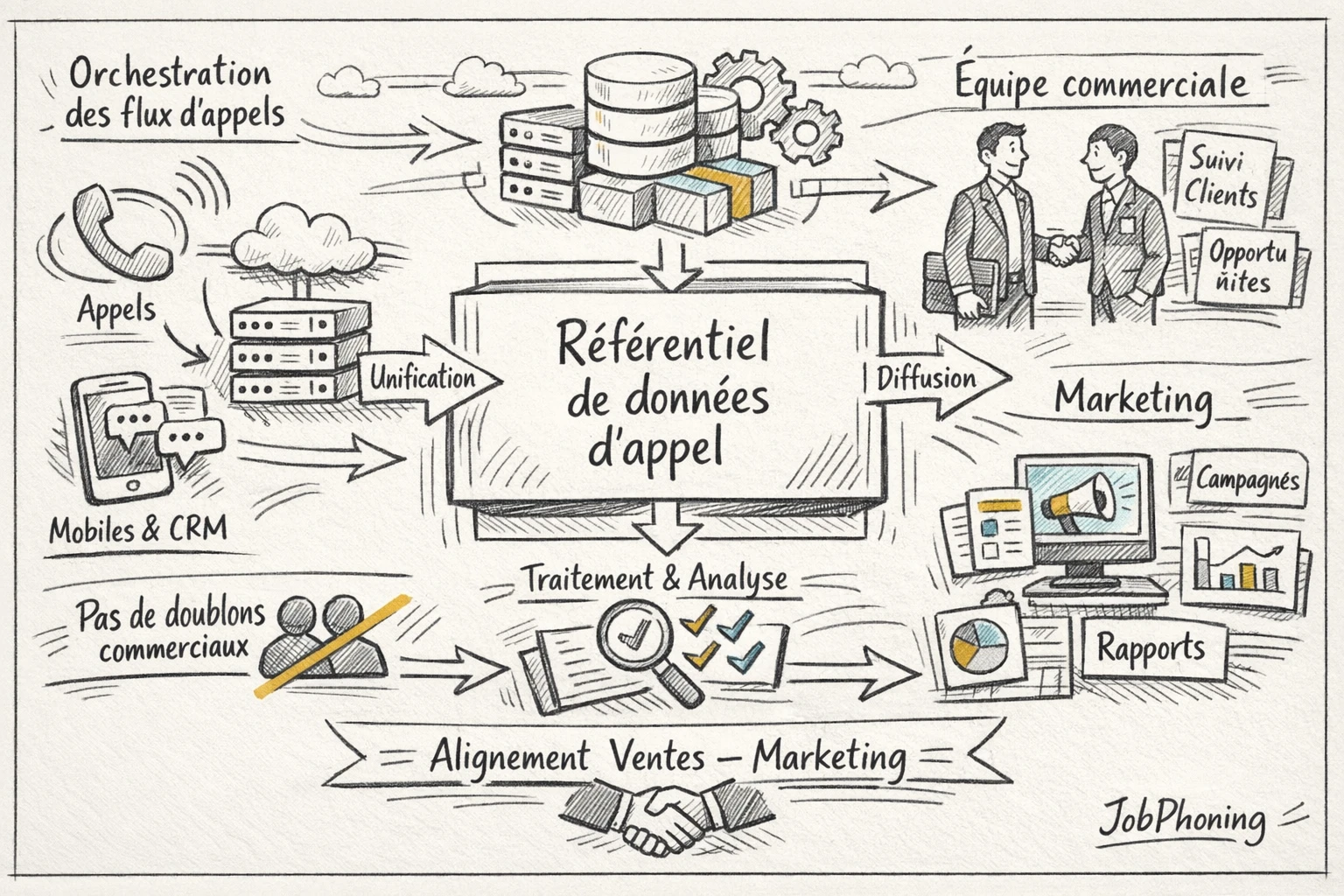 Schéma représentant la circulation des données d’appel via blocs reliés et flèches bidirectionnelles.