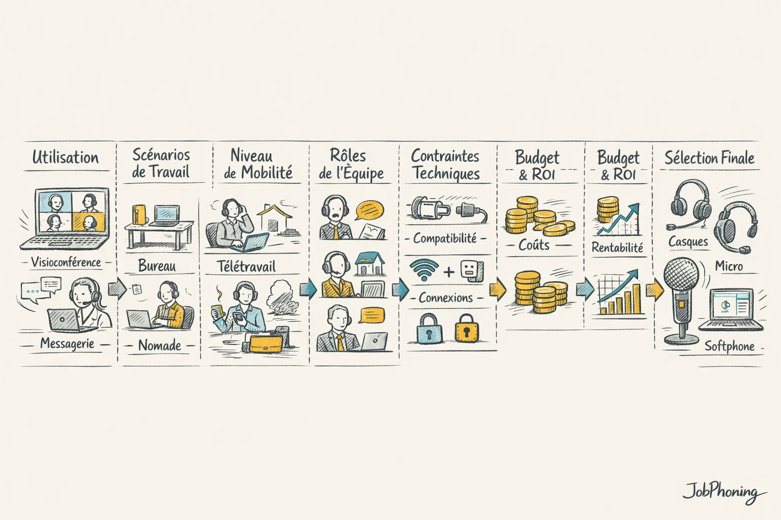 Schéma représentant le choix d’un softphone via un organigramme reliant ordinateurs, smartphones et étapes d’évaluation.