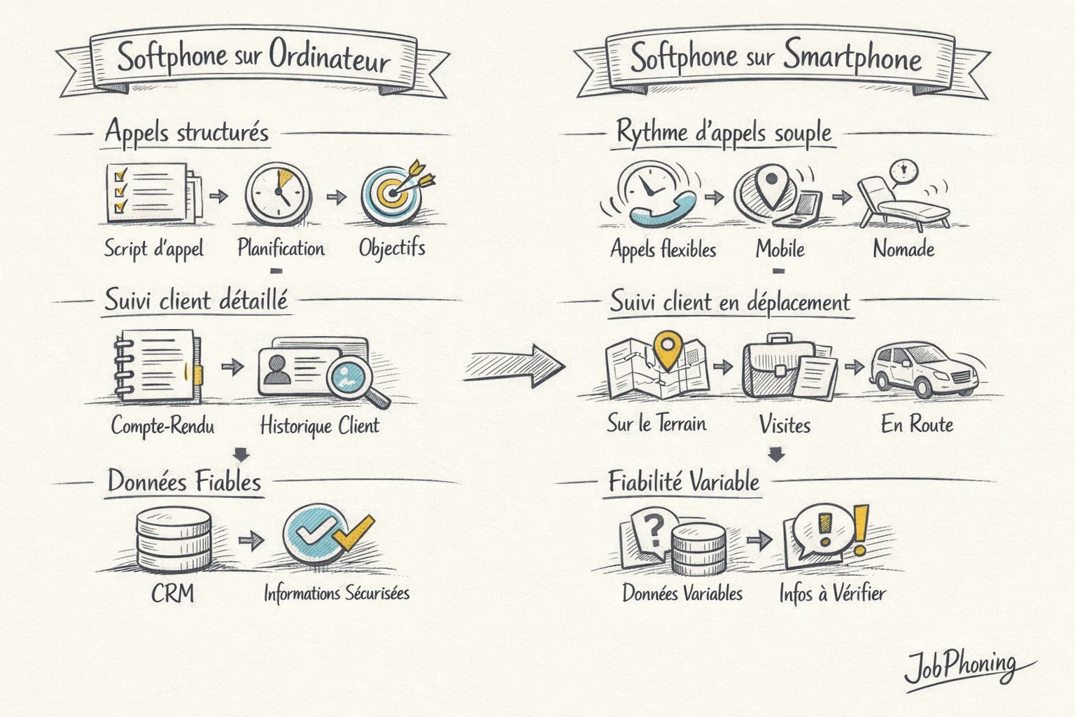 Infographie représentant l’impact des équipements softphone via ordinateur, smartphone, hubs, flèches et bases de données.