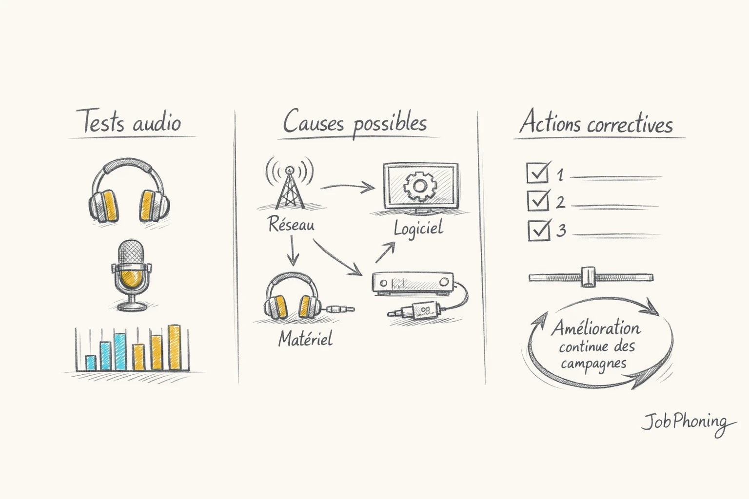 Schéma représentant le diagnostic qualité audio via blocs reliés illustrant casque, poste, réseau et suivi