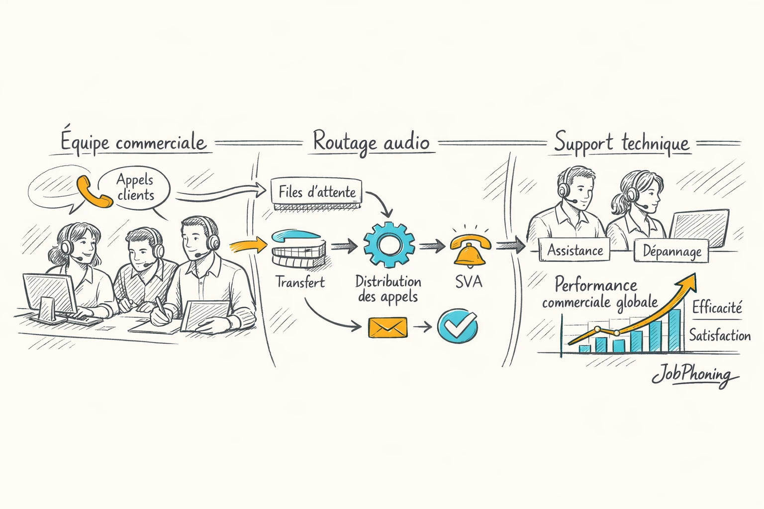 Schéma représentant la coordination audio entre équipes commerciales et support via blocs reliés à un
