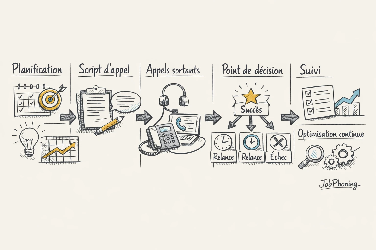 Schéma représentant l’organisation de campagnes d’appels via un flux de blocs reliés autour d’un écran