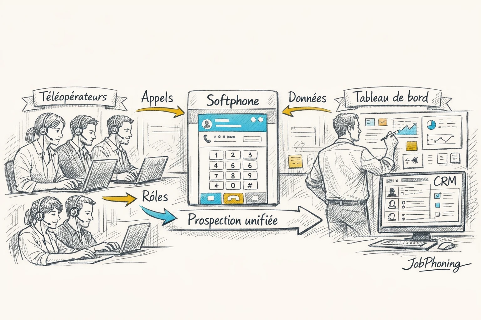 Schéma représentant l’intégration centrale d’un softphone via un panneau principal connecté à plusieurs blocs fonctionnels.