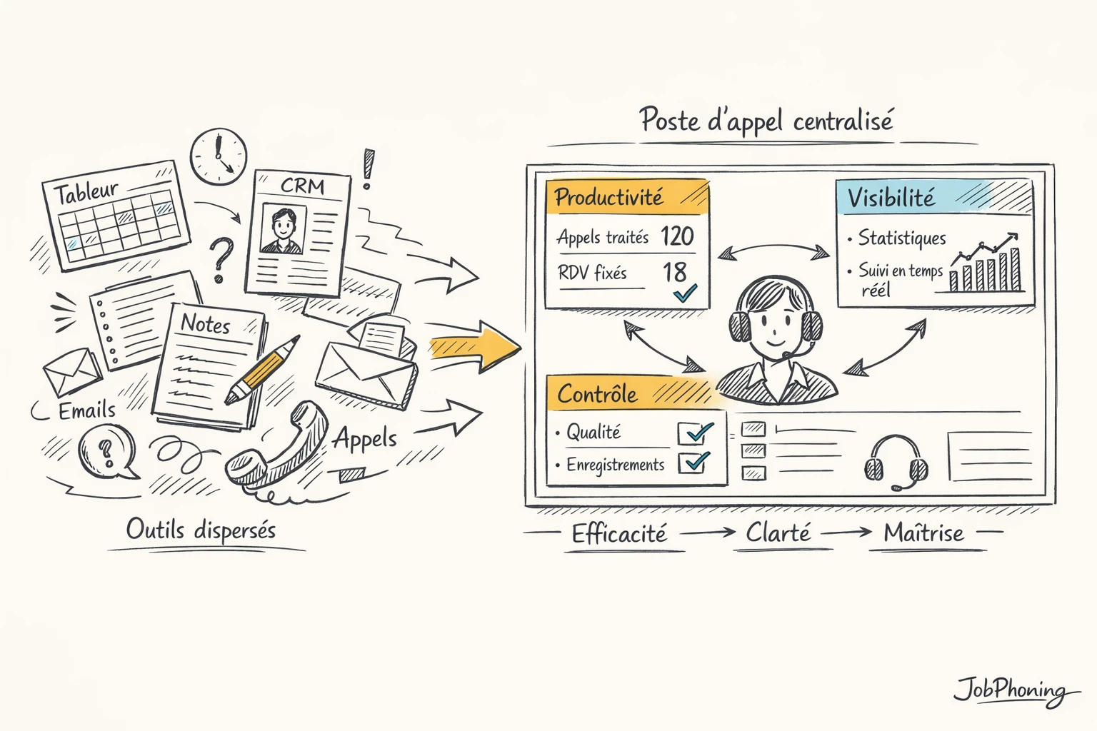 Schéma représentant des systèmes téléphoniques dispersés versus une plateforme unifiée via blocs géométriques reliés.