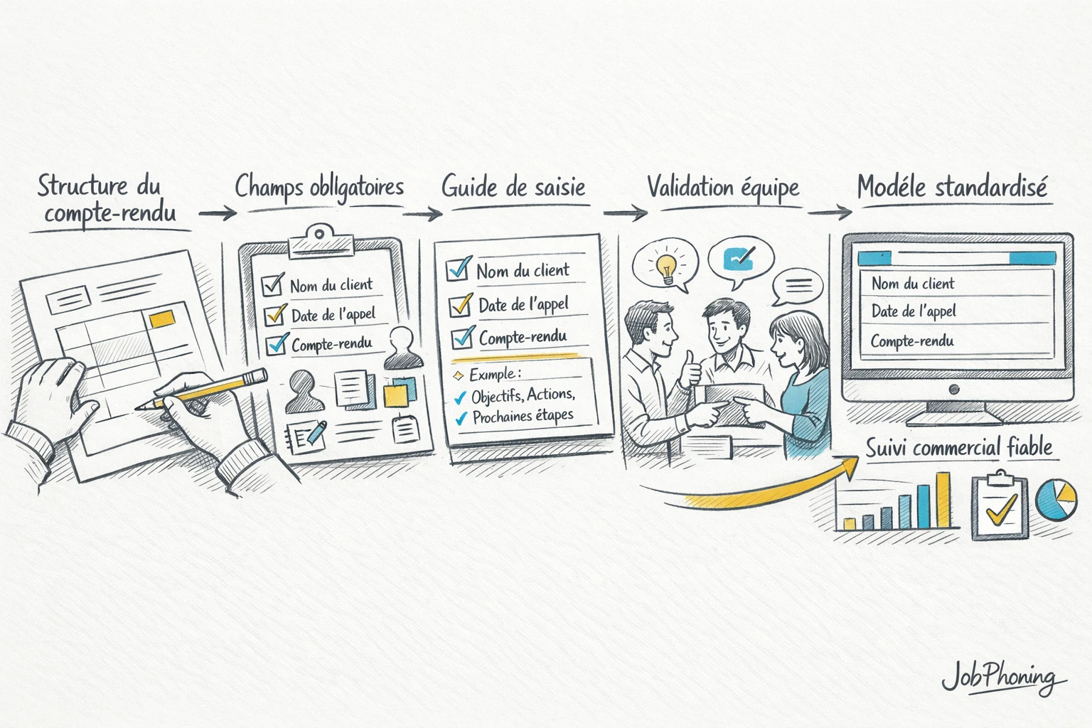 Schéma représentant la création d’un modèle de compte-rendu d’appel via blocs reliés et flèches séquentielles.