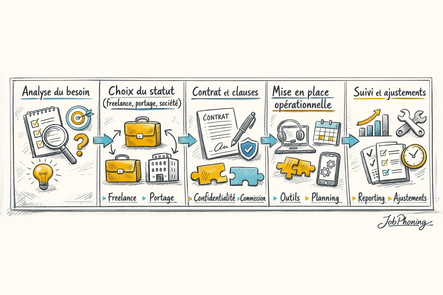 Schéma représentant la sélection d’un statut de closer B2B via plusieurs blocs reliés et flèches