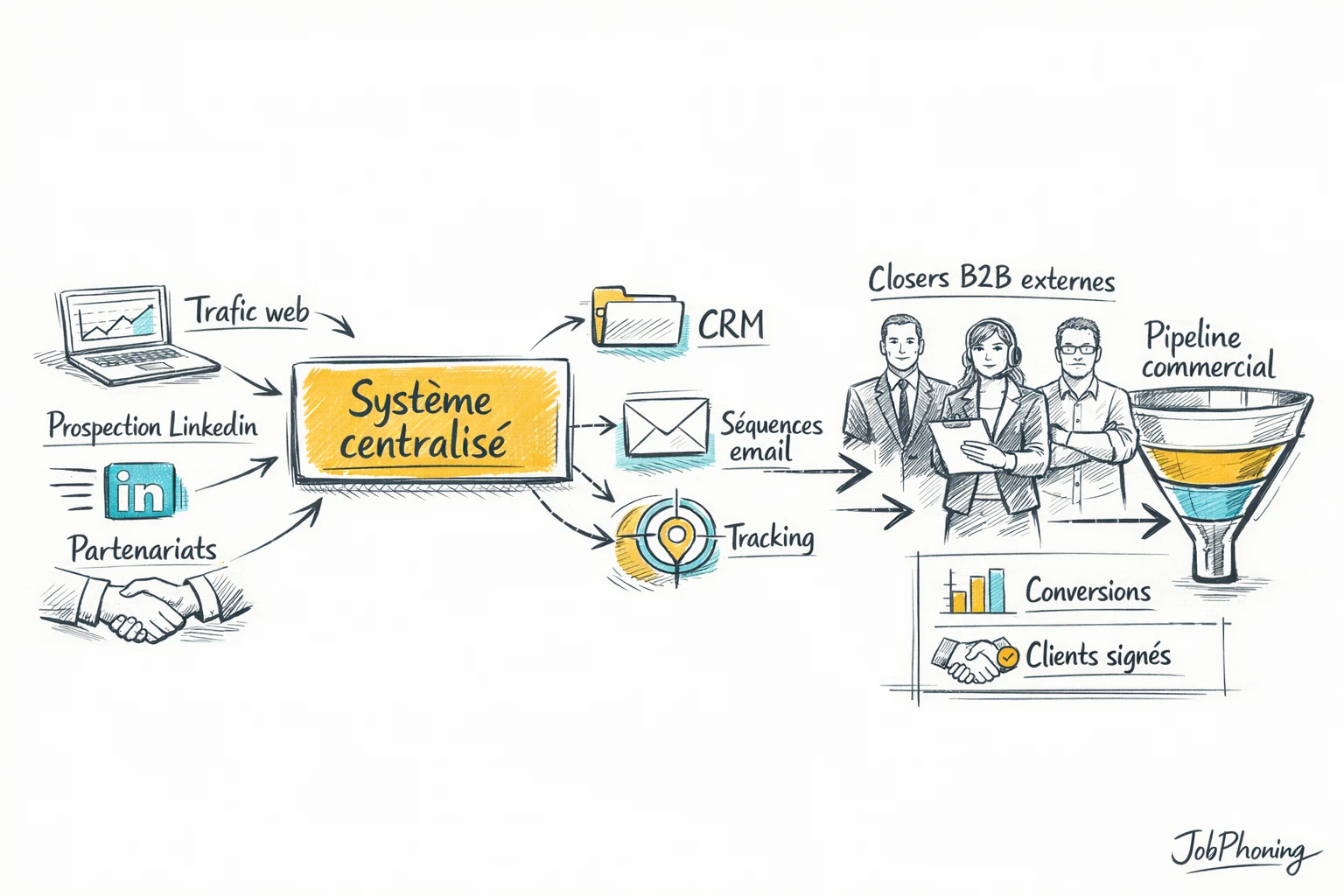 Schéma représentant l’intégration de closers externes via hub central, sources de leads et blocs connectés.
