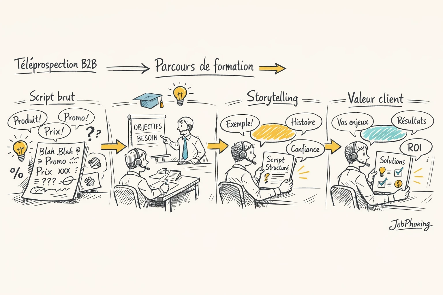 Schéma représentant un parcours de formation téléprospection via enchaînement de blocs et flèches minimalistes