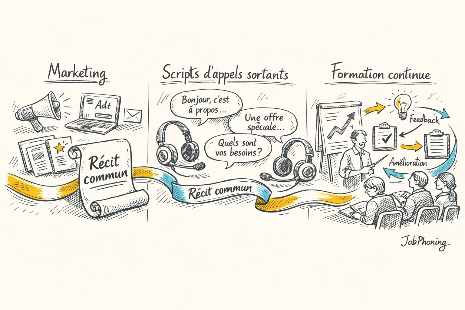 Schéma représentant le storytelling commercial via pipeline central reliant marketing, scripts d’appel et boucles de