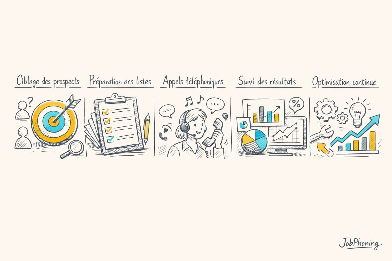 Schéma représentant une campagne téléphonique B2B structurée via flèches, blocs alignés et icônes abstraites d’immeubles.
