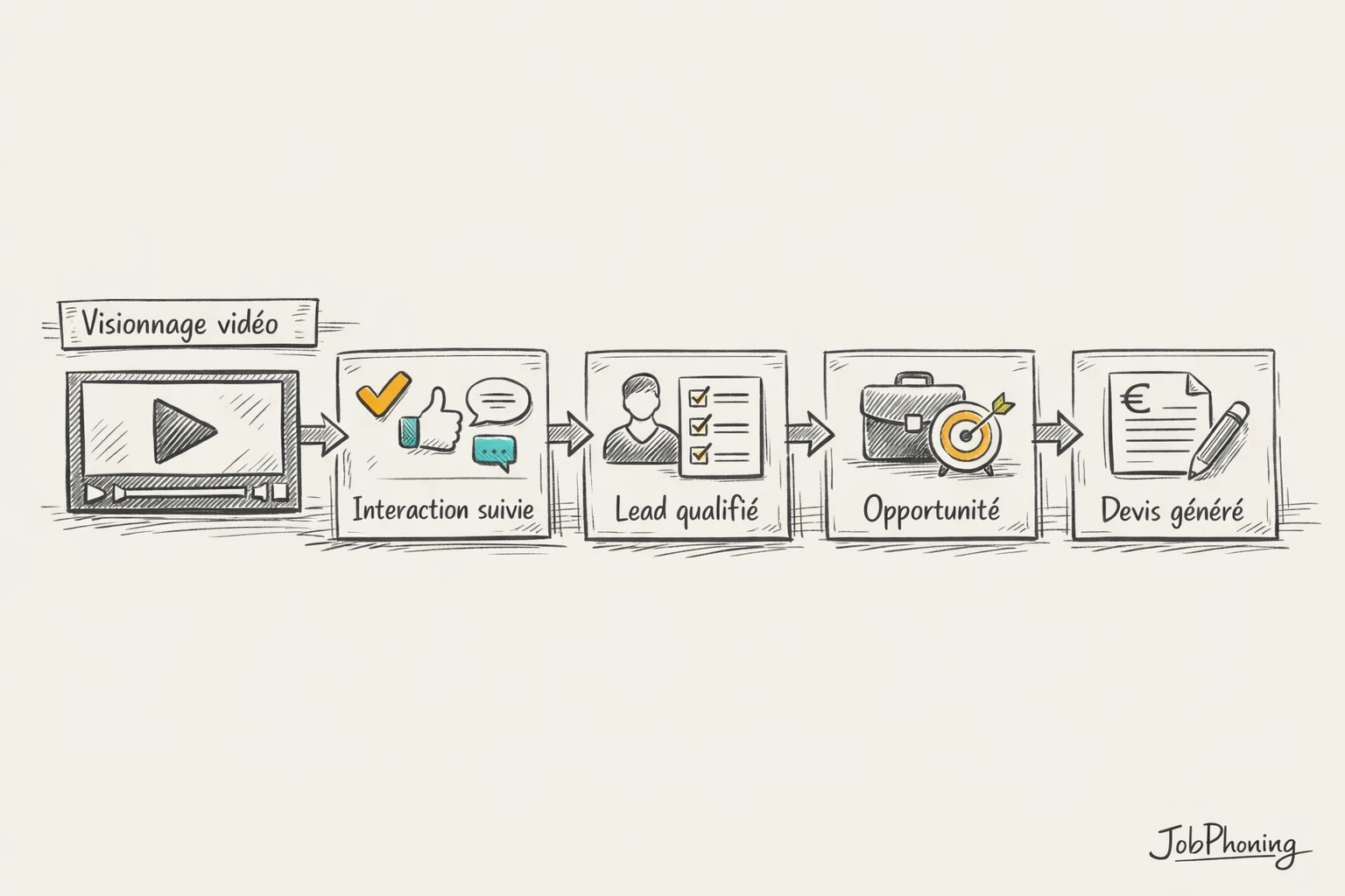 Schéma représentant un pipeline commercial vidéo via flèches, blocs successifs, entonnoir et icônes de base