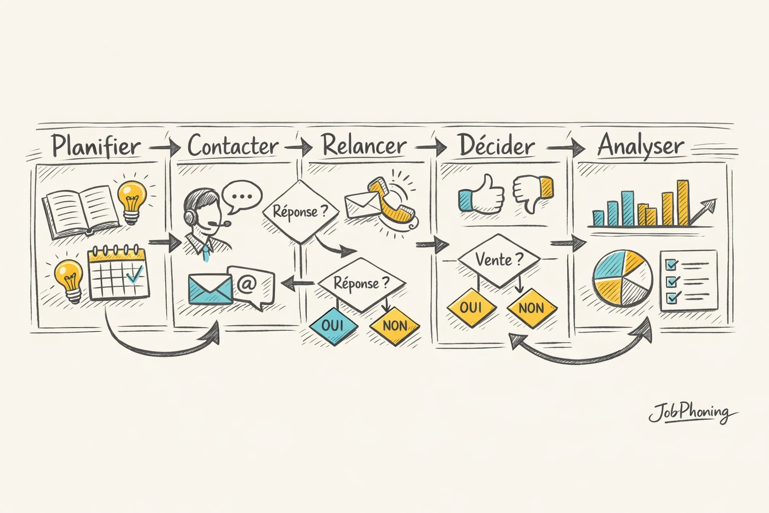 Schéma représentant une organisation anti-stress pour télétravail via étapes alignées et flèches séquentielles colorées.