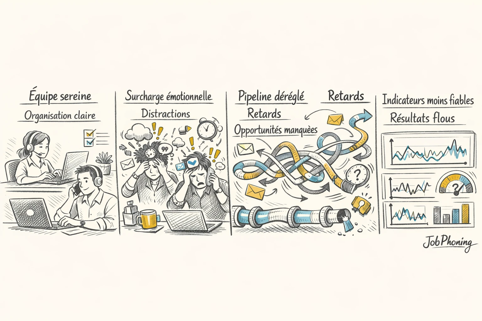 Schéma représentant l’impact du stress sur une équipe de télévente via pipeline déstructuré et blocs