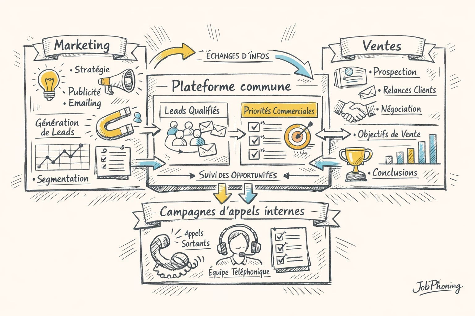 Schéma représentant l’alignement campagnes d’appels, marketing et ventes via un hub central connecté à plusieurs