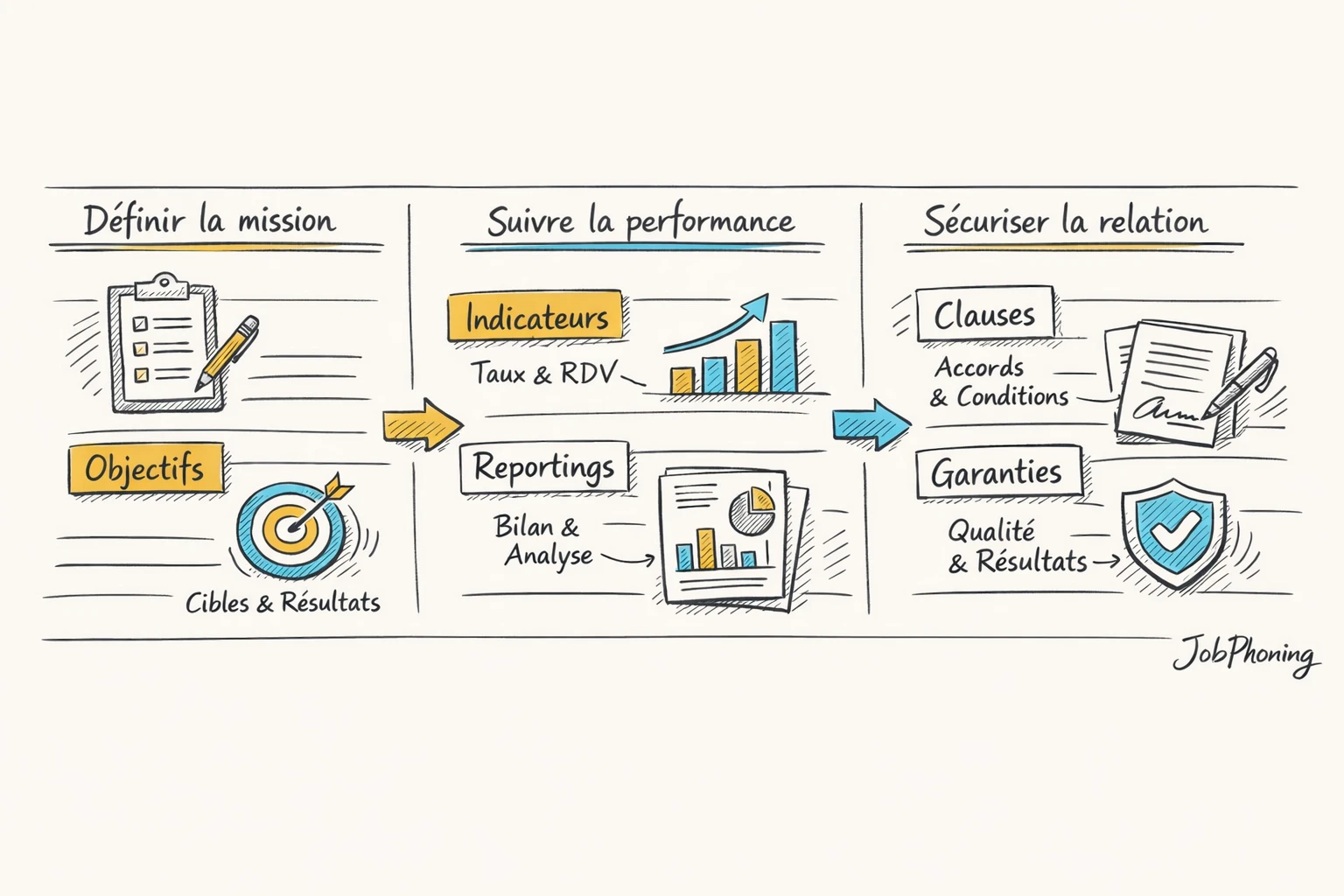 Schéma représentant la structuration d’un contrat de prospection via blocs reliés et flèches séquentielles