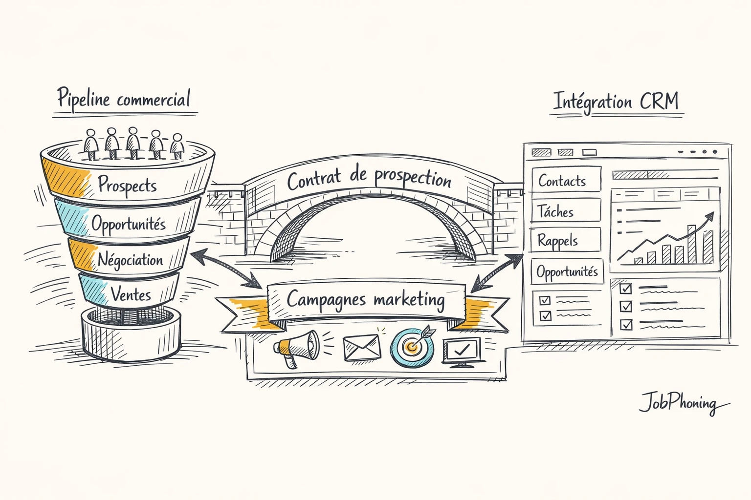 Infographie représentant l’intégration d’un contrat de prospection via contrat central relié à pipeline, CRM et