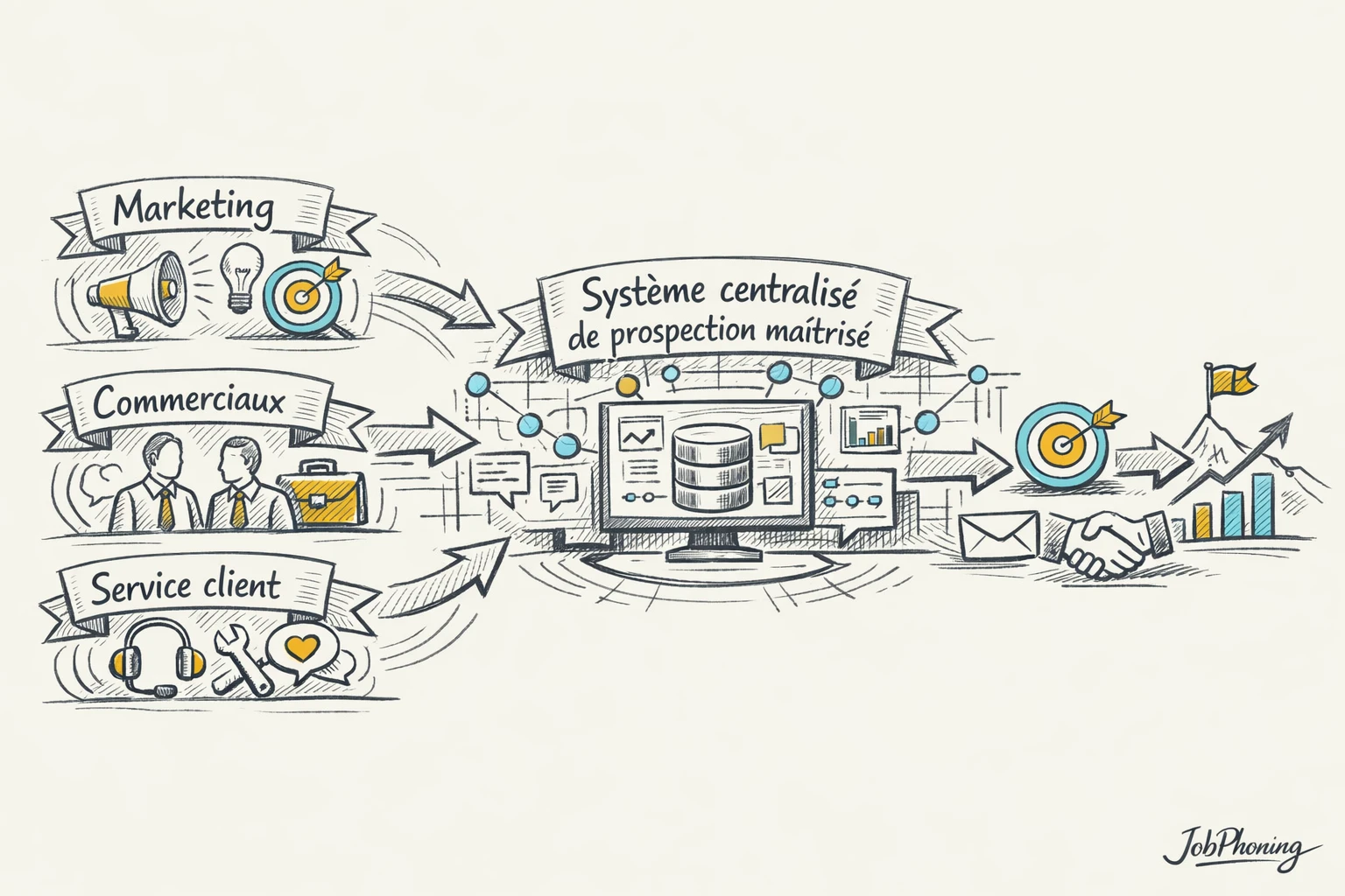 Schéma représentant la coordination multicanale via un noyau central relié à trois flux géométriques structurés.