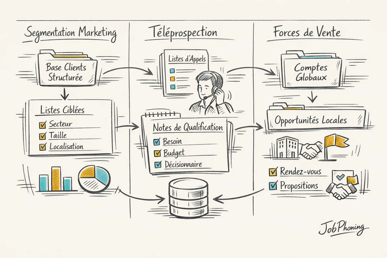Schéma représentant la structuration du fichier client via blocs hiérarchiques reliés aux pôles marketing, téléprospection