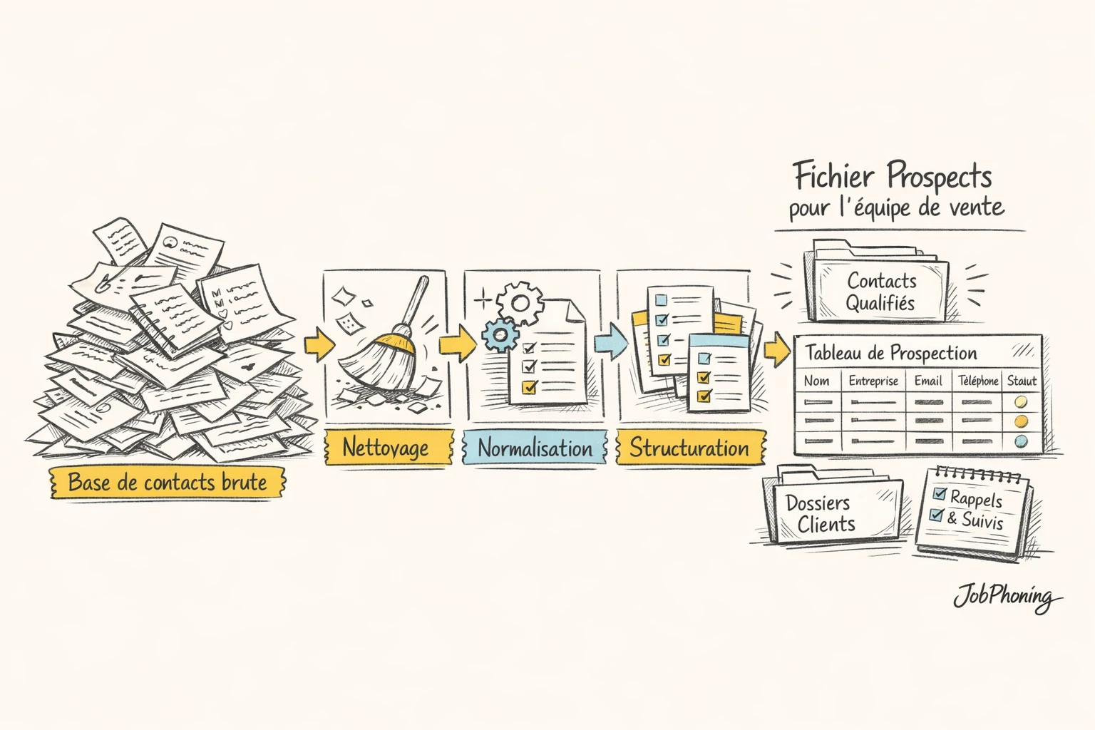 Schéma représentant la construction d’un fichier de prospection via blocs reliés en enchaînement