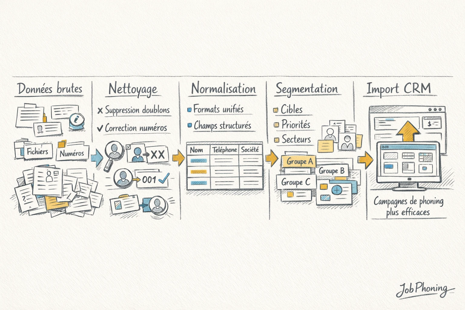 Schéma représentant la préparation d’un fichier téléphonique B2B via blocs, flèches et base de données
