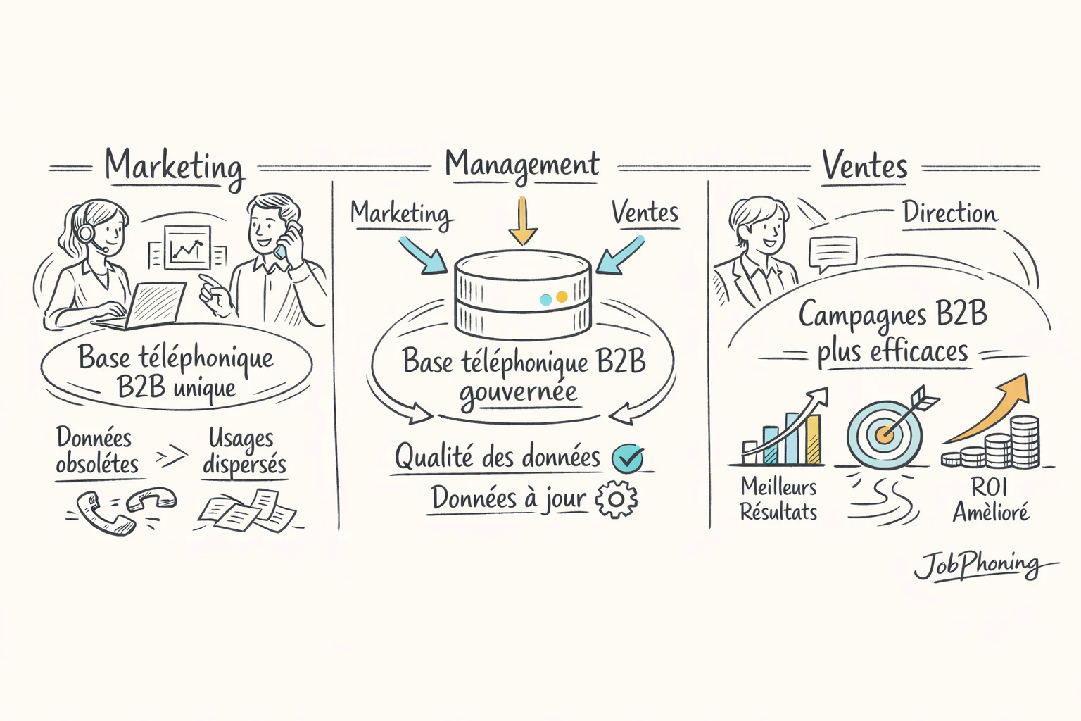 Schéma représentant la structuration d’une base téléphonique B2B via un noyau central et des flux