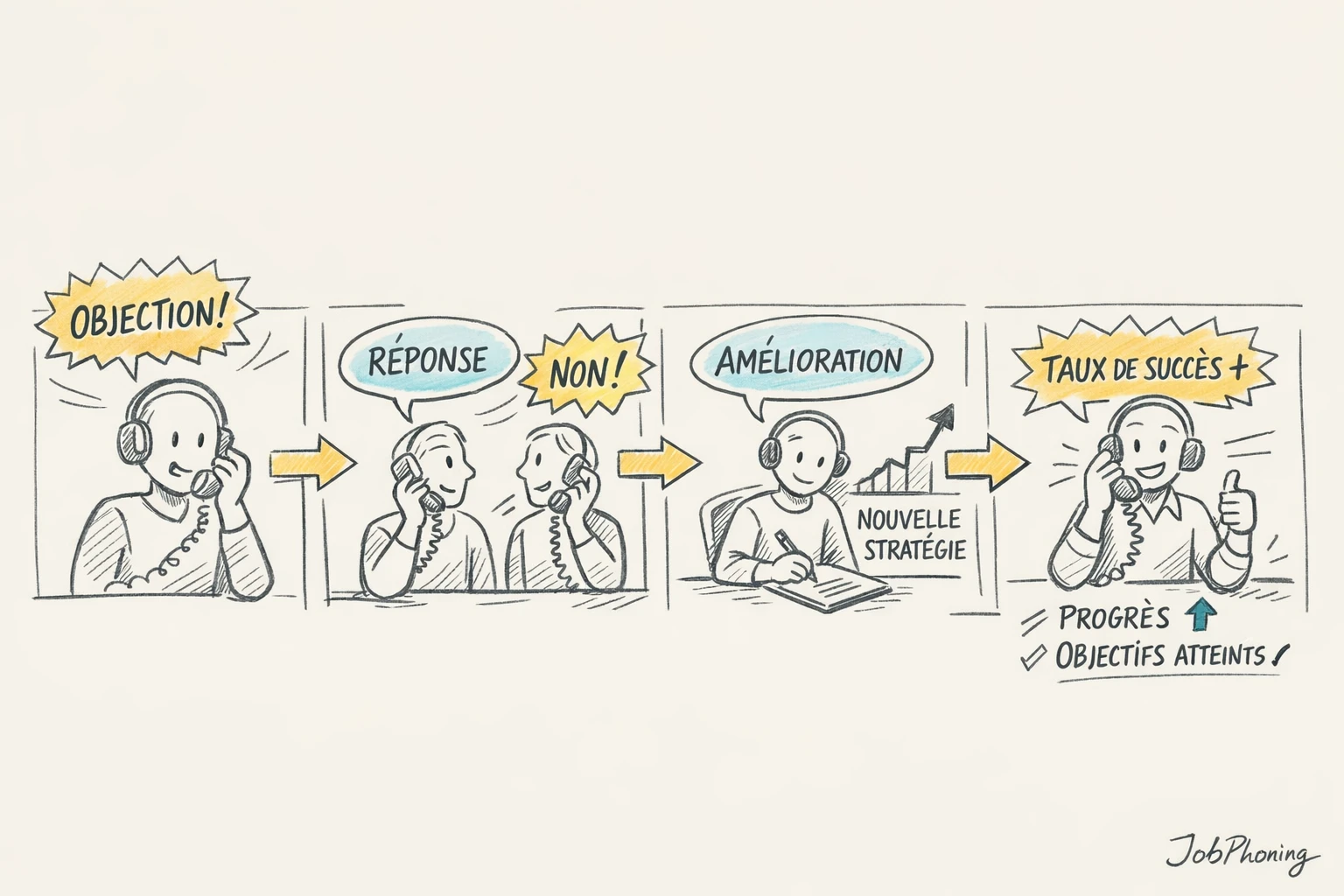 Schéma représentant un programme d’entraînement téléphonique structuré via un enchaînement de blocs et flèches colorés.