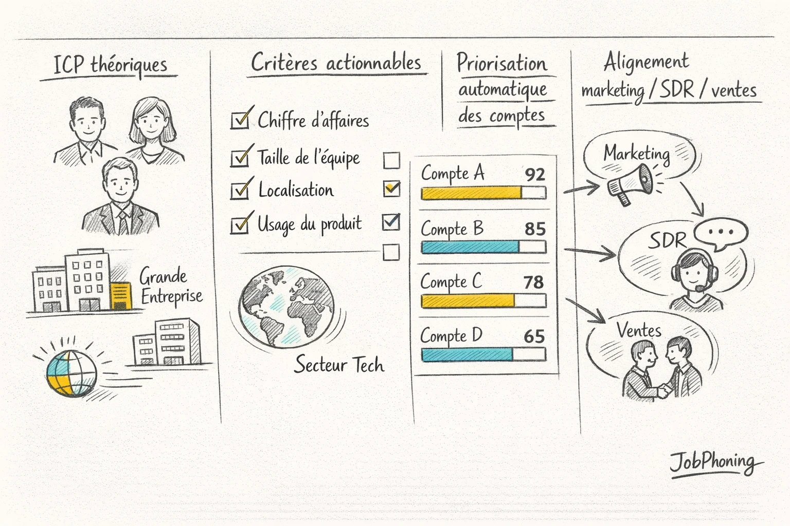 Schéma représentant l’activation d’ICP en prospection via enchaînement de blocs et flèches colorés minimalistes.