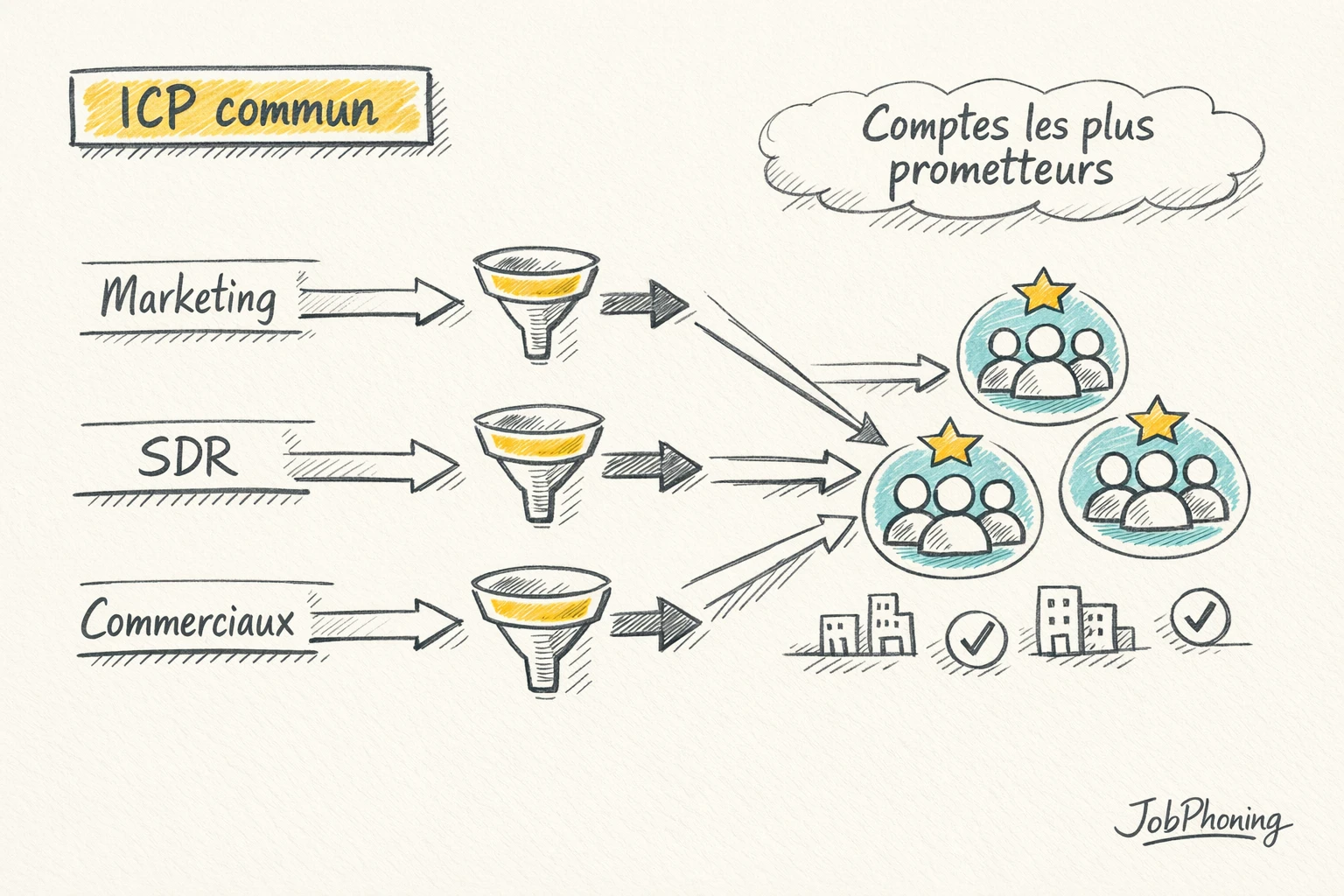 Schéma représentant les ICP structurant marketing, SDR et ventes via un noyau central connecté à