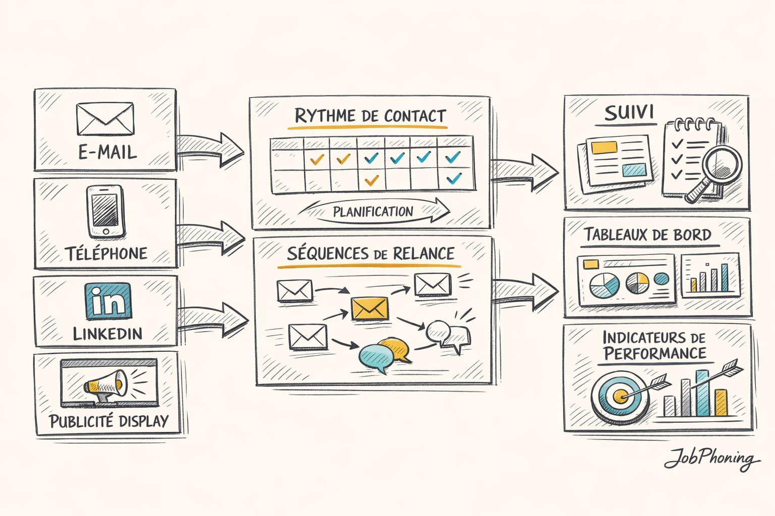 Schéma représentant une prospection multicanale structurée via flèches, blocs séquentiels et icônes abstraites d’e-mail, téléphone