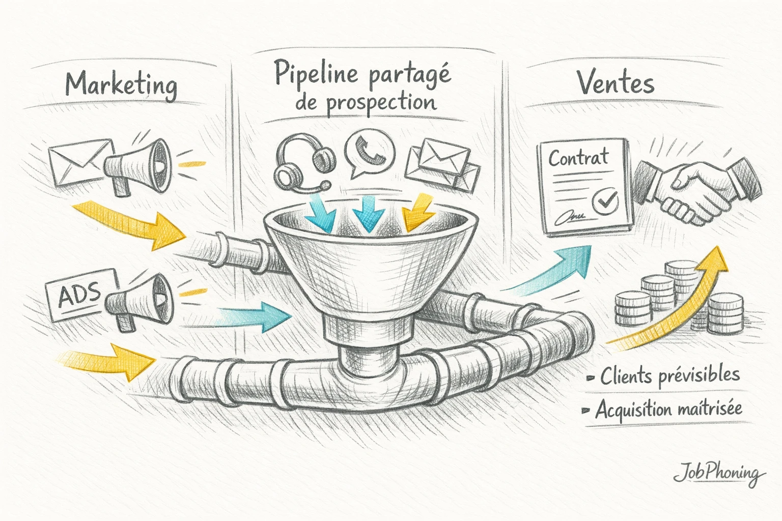 Schéma représentant un pipeline commercial unique via rectangles alignés, blocs d’entrée marketing et connecteurs minimalistes.