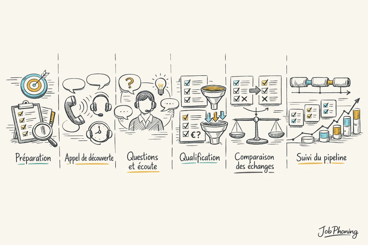 Schéma représentant un parcours d’appel de découverte structuré via blocs reliés et flèches séquentielles.