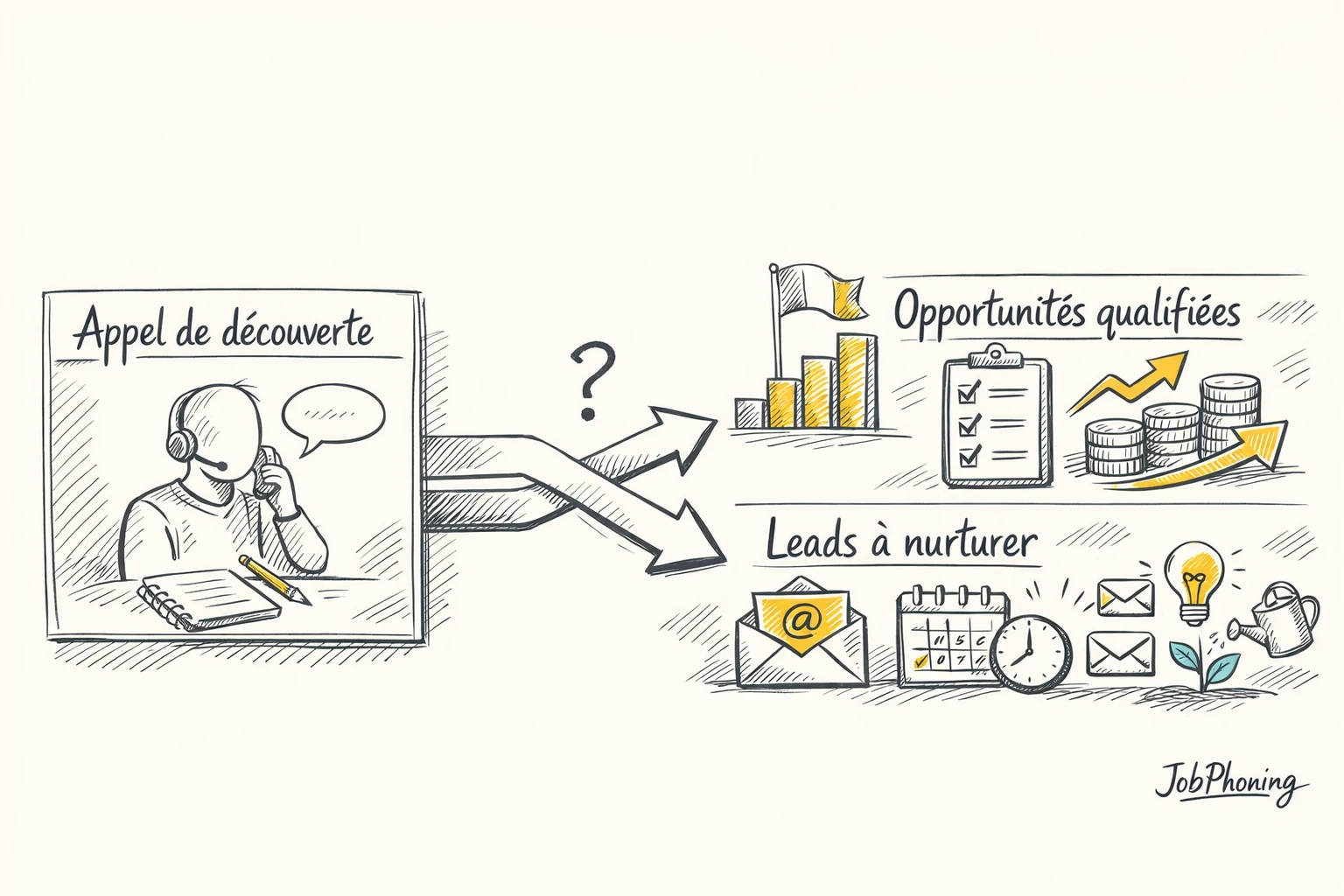 Schéma représentant la place des appels de découverte via pipeline segmenté et branches de qualification