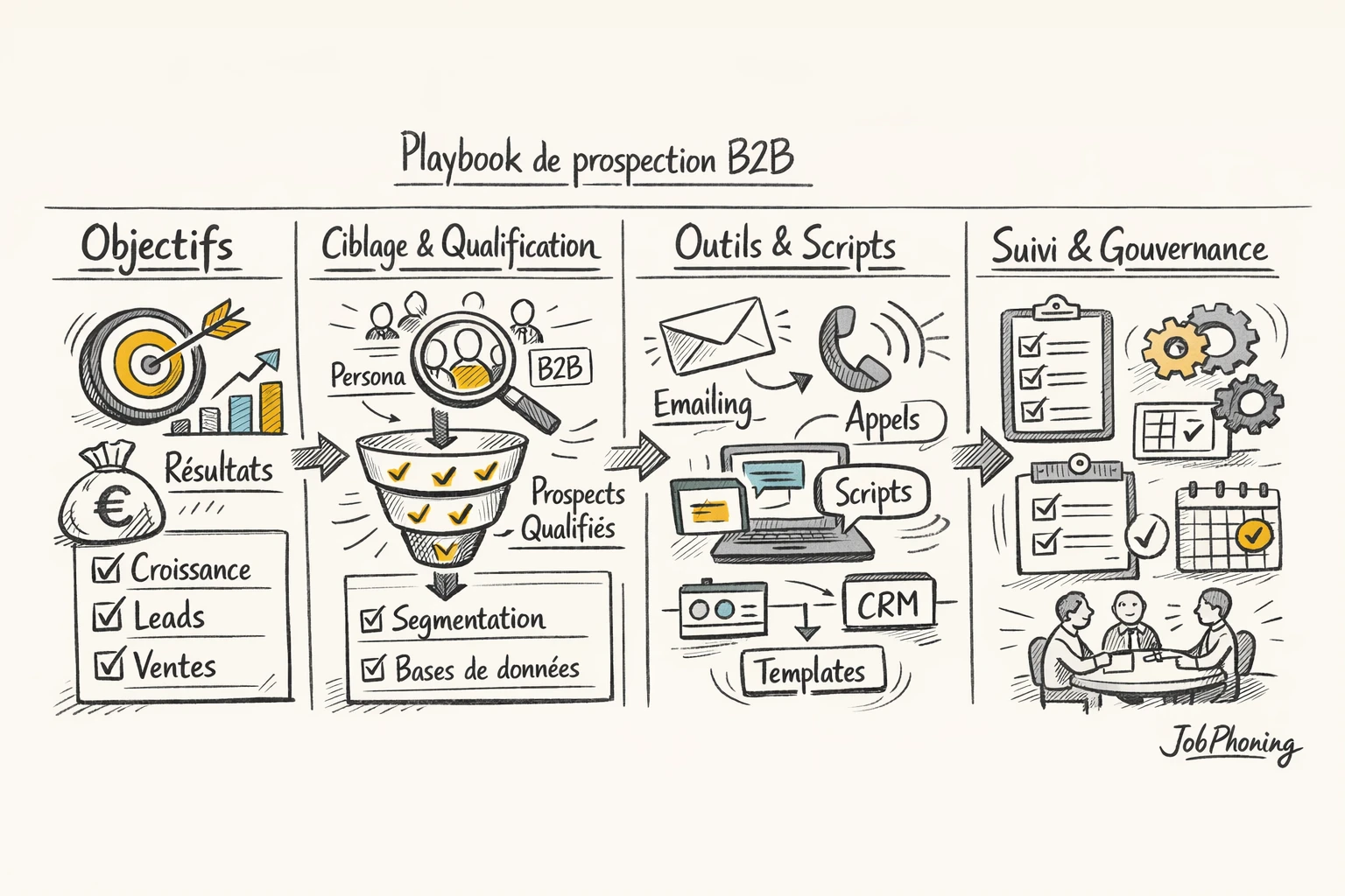 Schéma représentant la construction d’un playbook de prospection via étapes reliées et blocs géométriques.