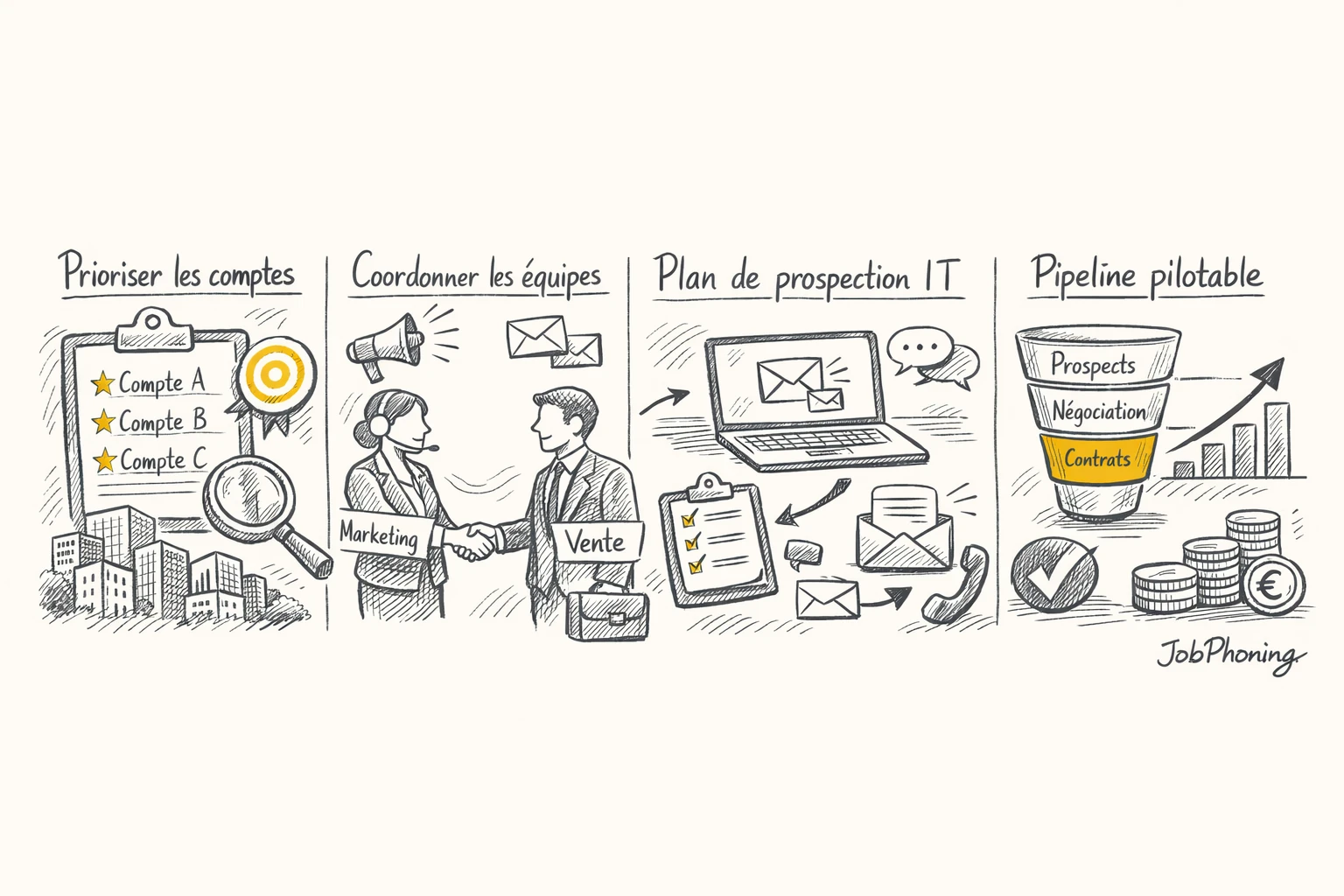 Schéma représentant un plan de prospection IT structuré via blocs reliés et flèches séquentielles