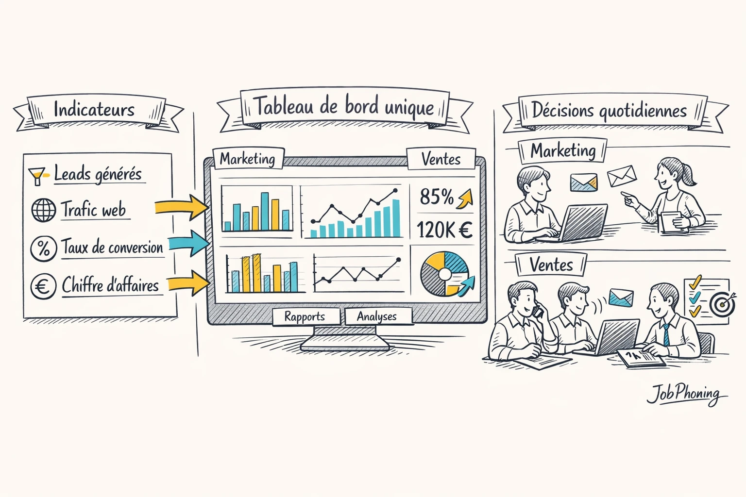 Infographie représentant le pilotage par indicateurs via un tableau central relié à deux flux structurés.