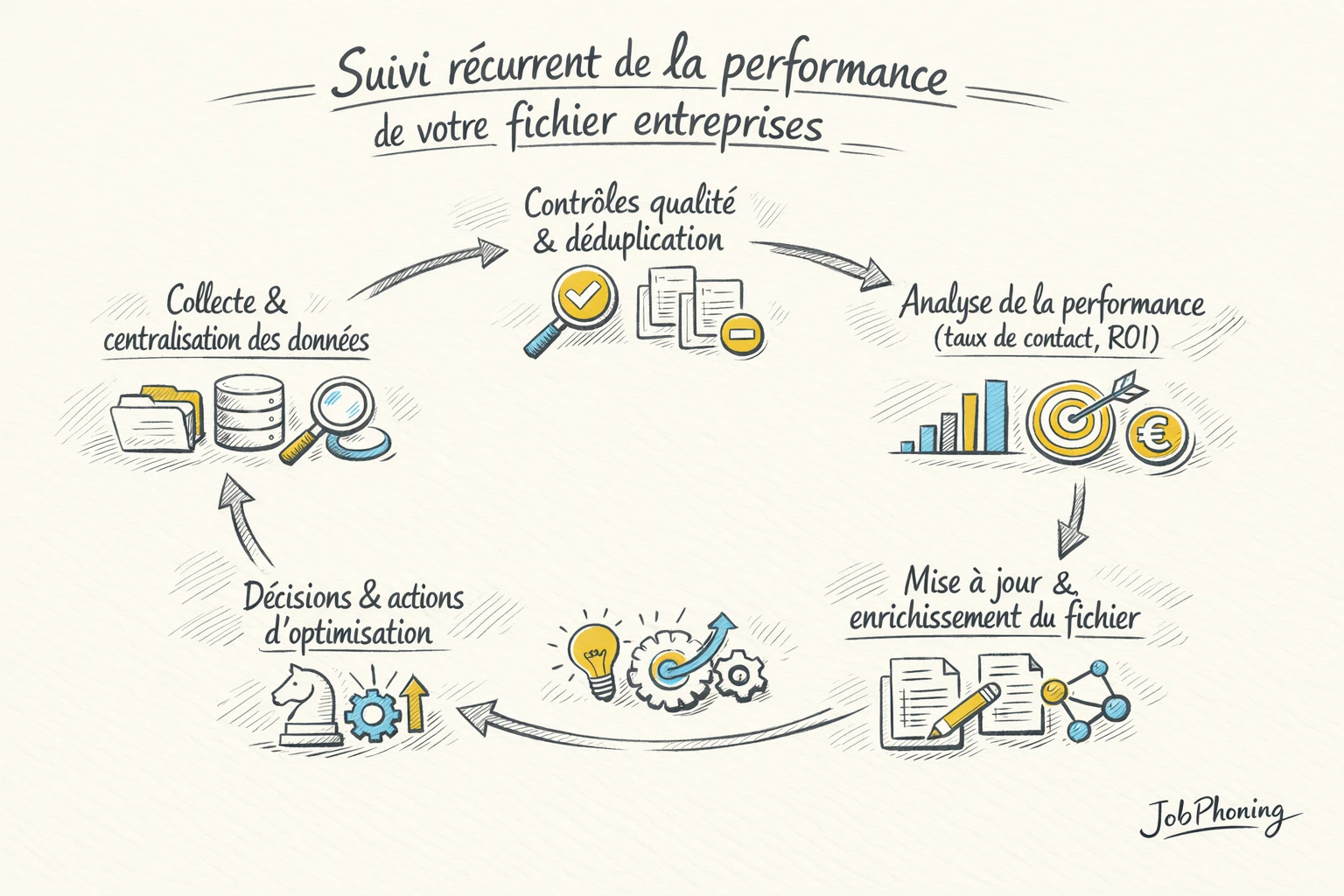 Schéma représentant le suivi récurrent d’un fichier entreprises via rectangles reliés et flèches séquentielles.