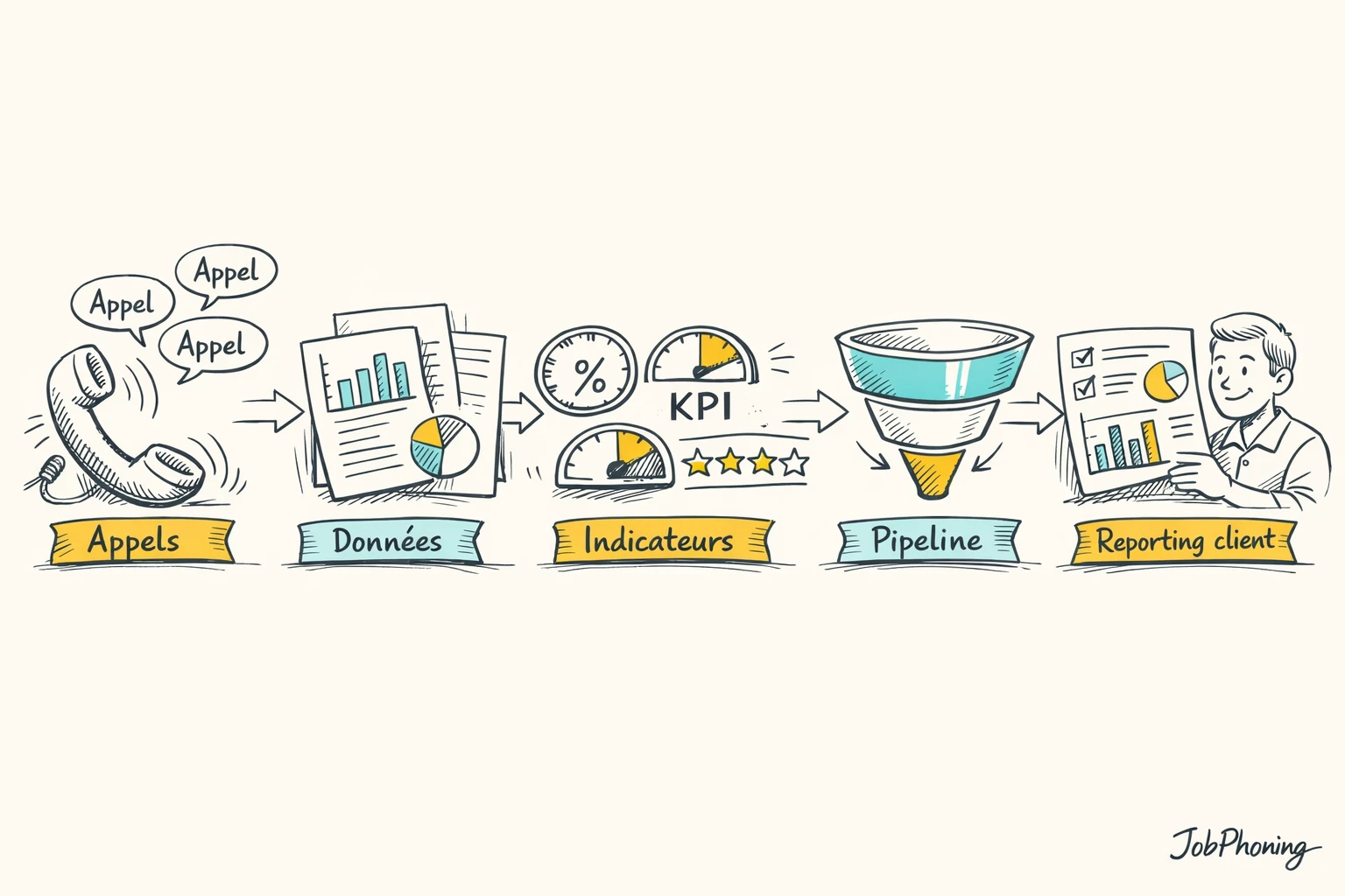 Schéma représentant la construction d’un tableau de bord de prospection via blocs reliés et flèches