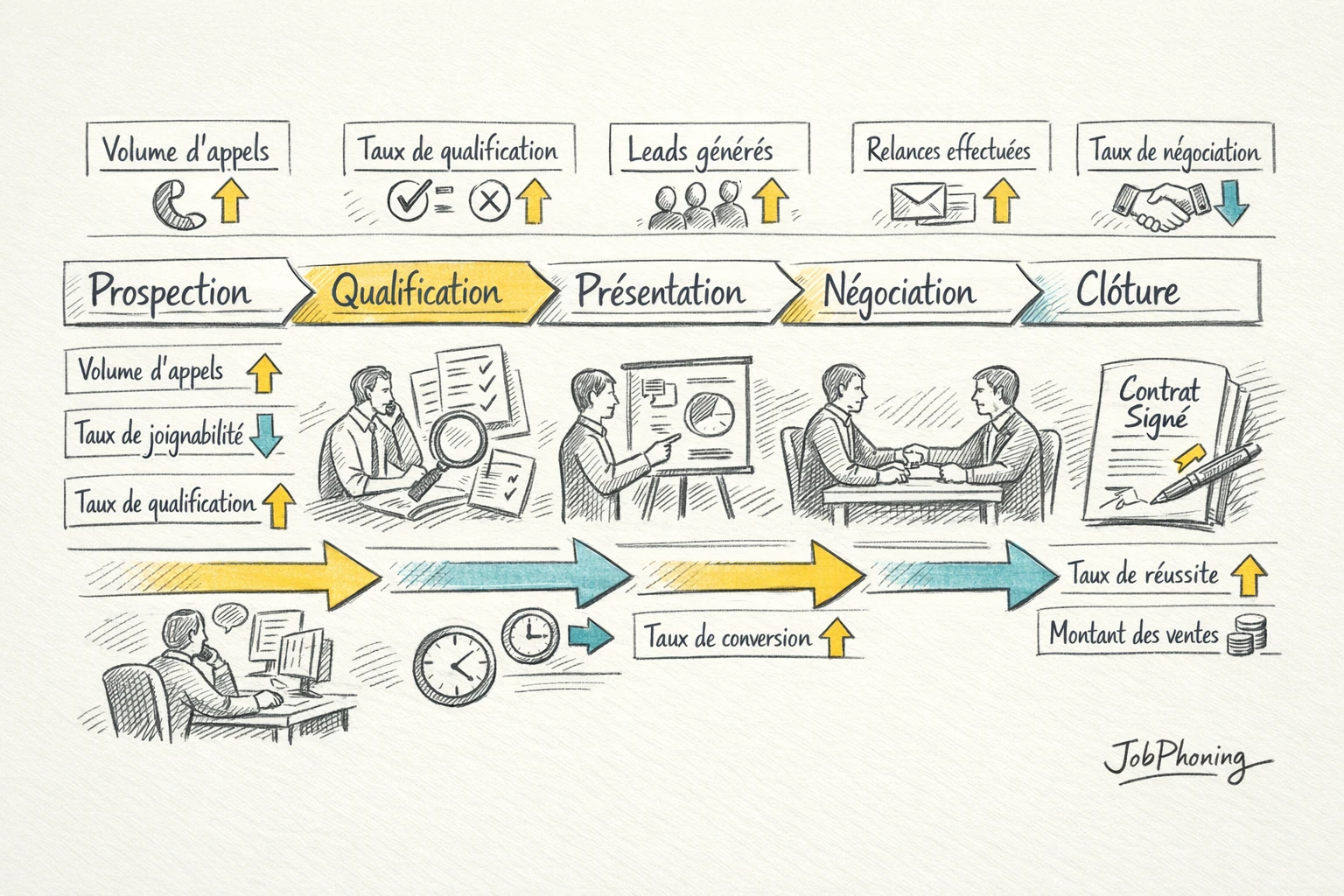 Infographie représentant les KPI d’appels reliés au tunnel de vente via entonnoir et pipeline géométriques