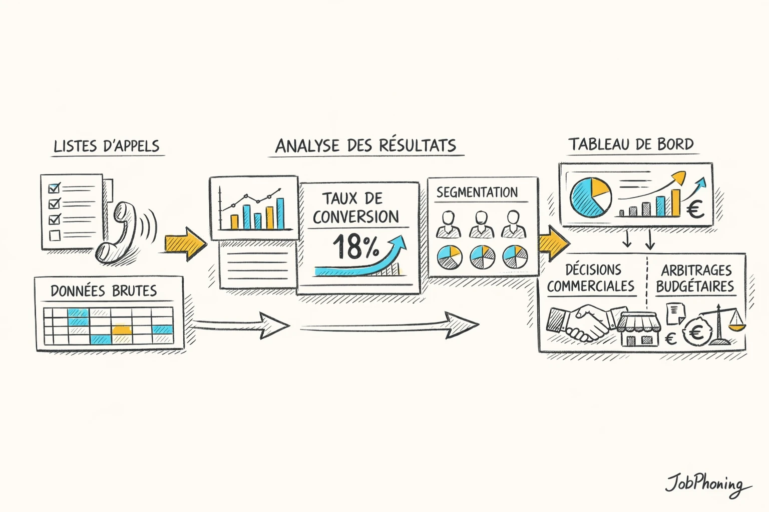 Schéma représentant la construction d’un tableau de bord de téléprospection via blocs reliés et flèches