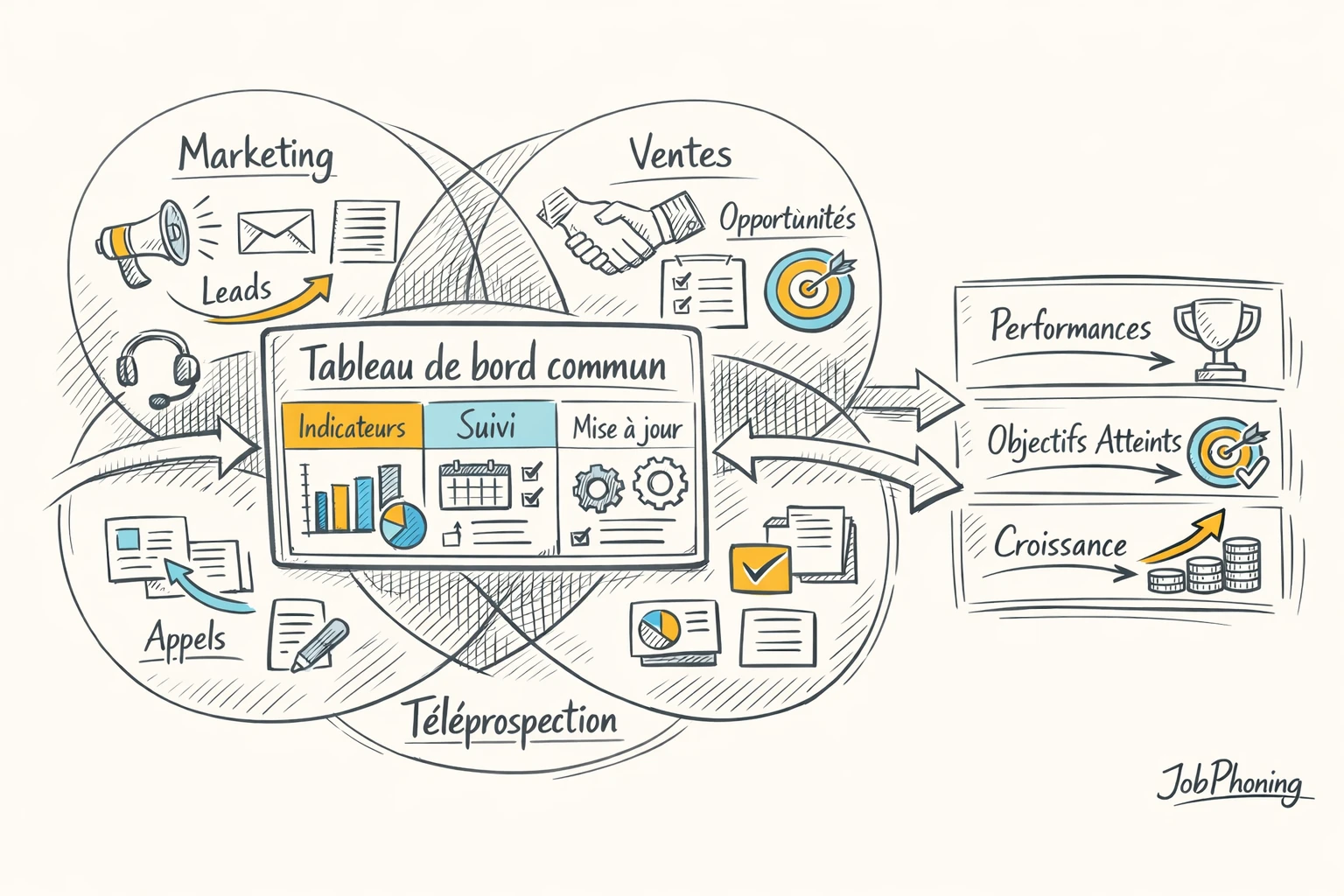 Schéma représentant l’alignement des KPI téléprospection via trois flux convergeant vers un tableau central partagé.