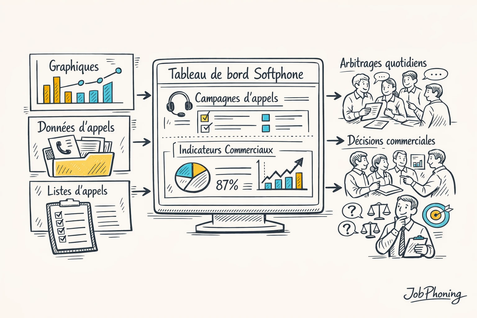 Schéma représentant un tableau de bord d’appels via un noyau central relié à plusieurs blocs