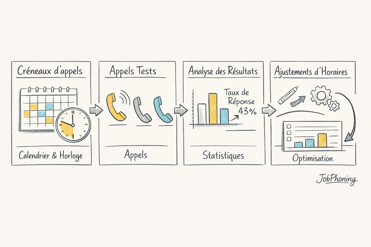 Schéma représentant l’optimisation des créneaux d’appels via flèches séquentielles et blocs colorés