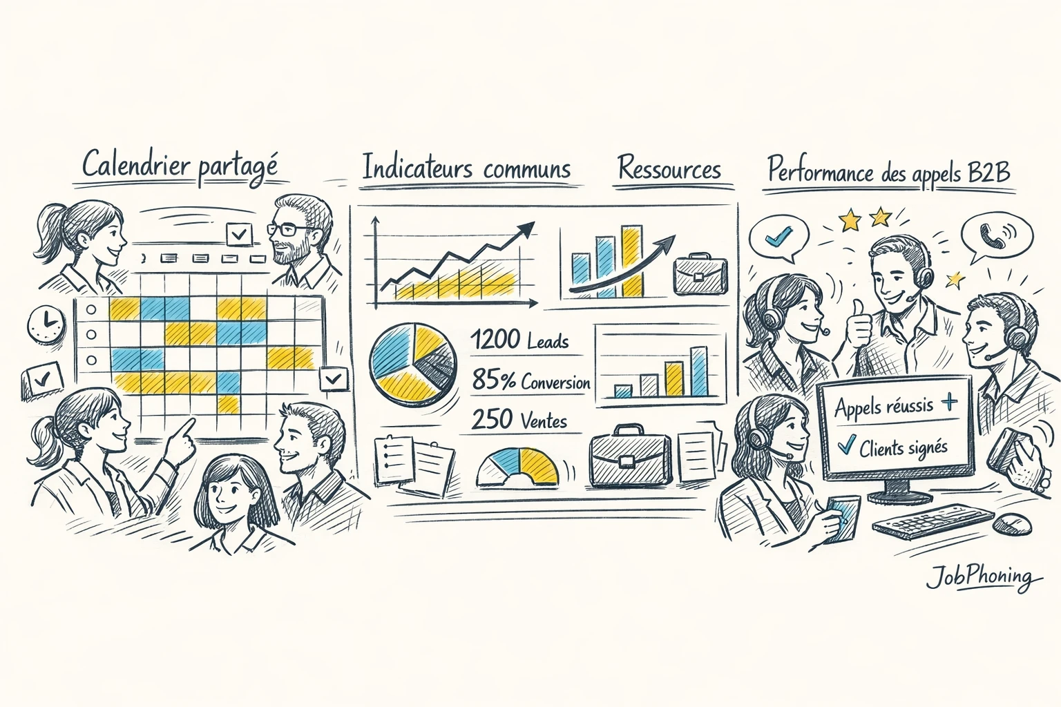 Schéma représentant la synchronisation horaires d’appel, campagnes marketing et forces de vente via calendrier central