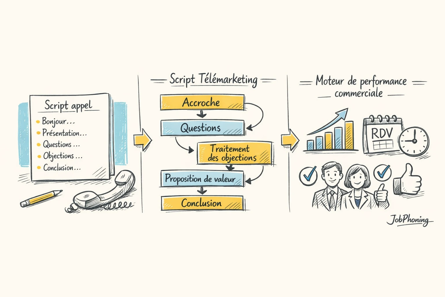 Schéma représentant la construction d’un script d’appel B2B via blocs reliés et flèches séquentielles.