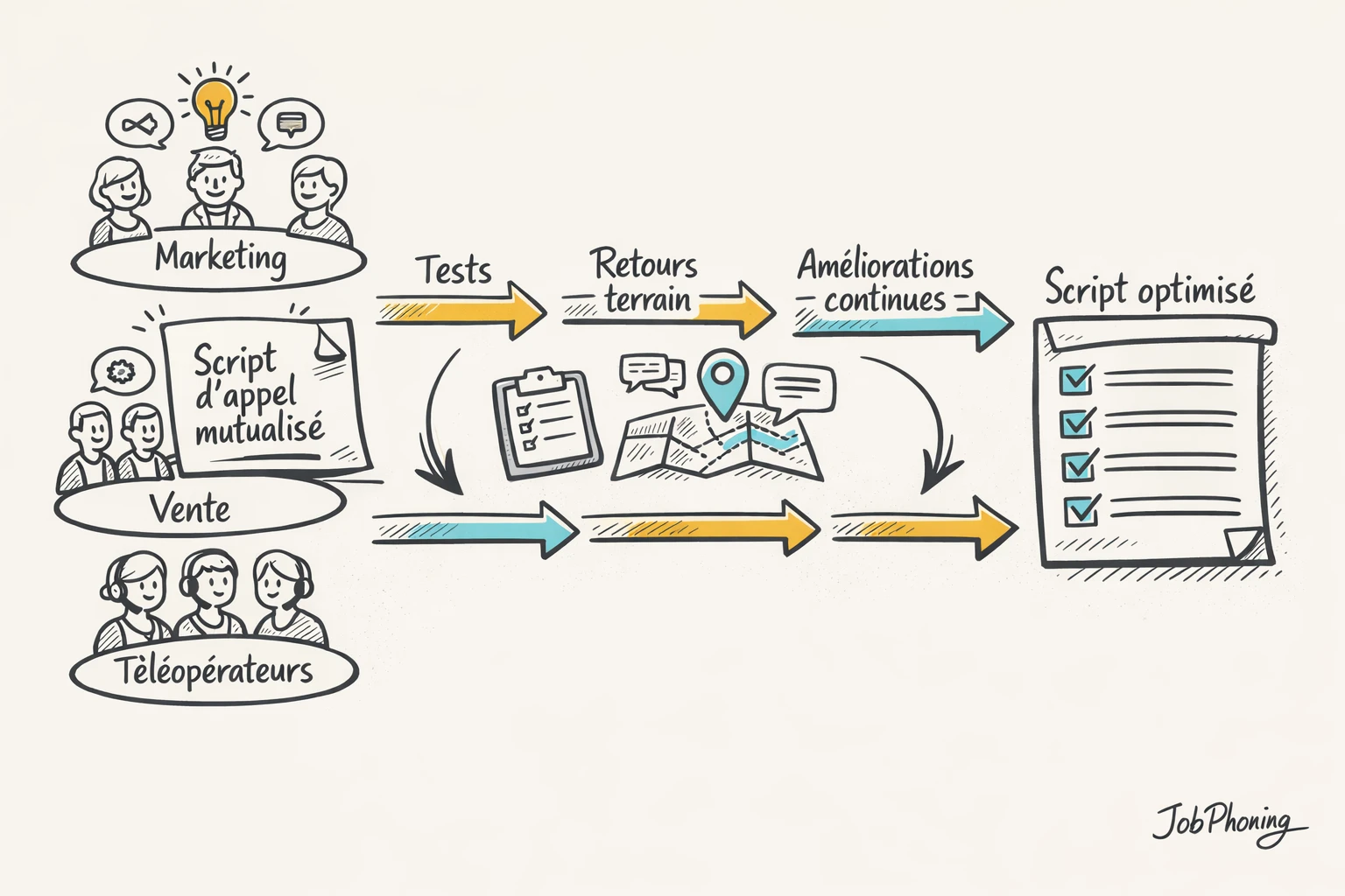 Schéma représentant la collaboration autour d’un script d’appel via hub central et cercles reliés.