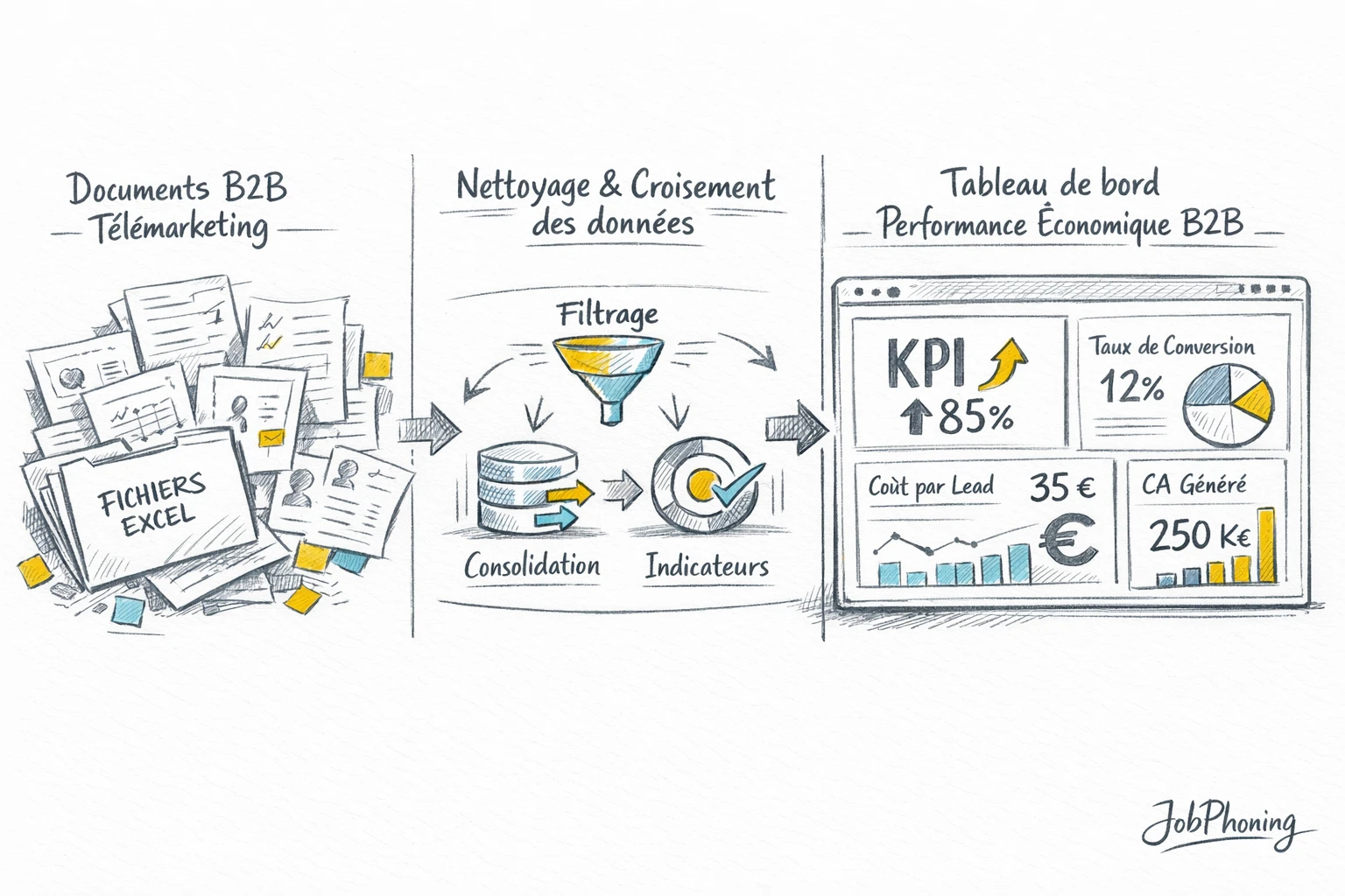 Schéma représentant la construction d’un tableau de bord télémarketing via blocs reliés séquentiellement