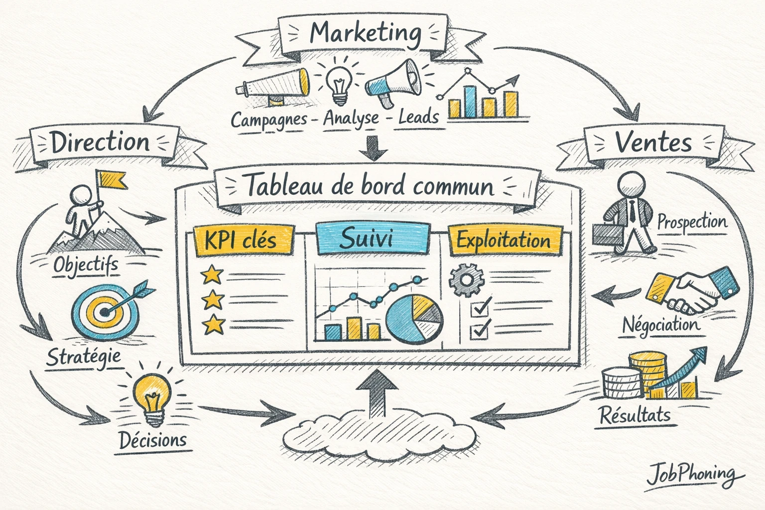 Schéma représentant l’alignement des KPI entre équipes via un tableau central relié à plusieurs blocs